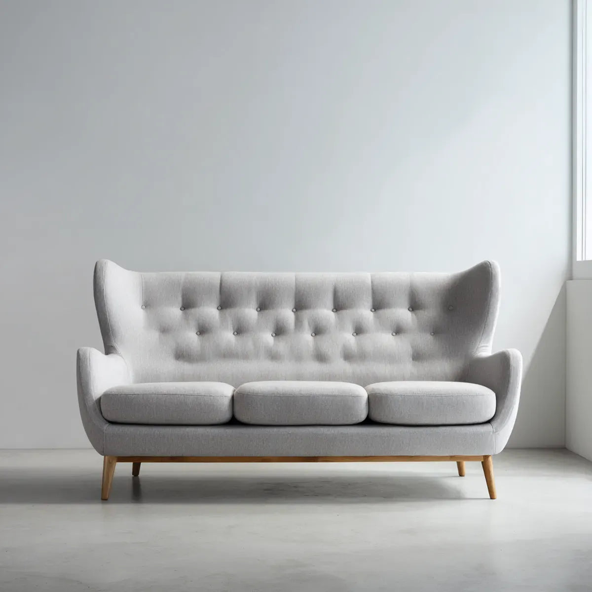 Canapé 3 places gris clair en polyester avec pieds en hêtre massif 210 x 88 x 105 cm