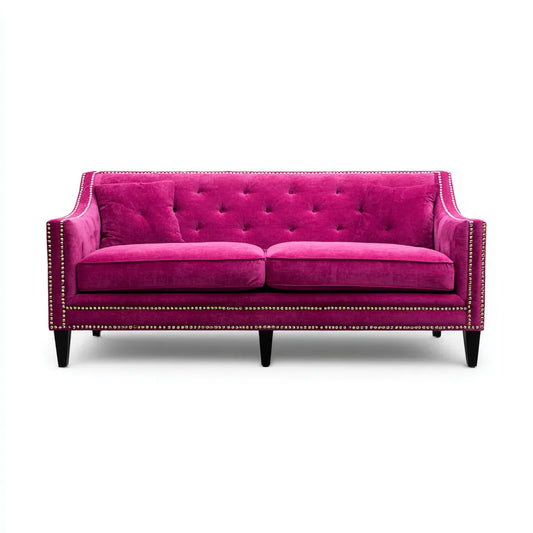 Canapé 3 places capitonné fuchsia en velours de polyester forme droite 210 x 90 x 88 cm