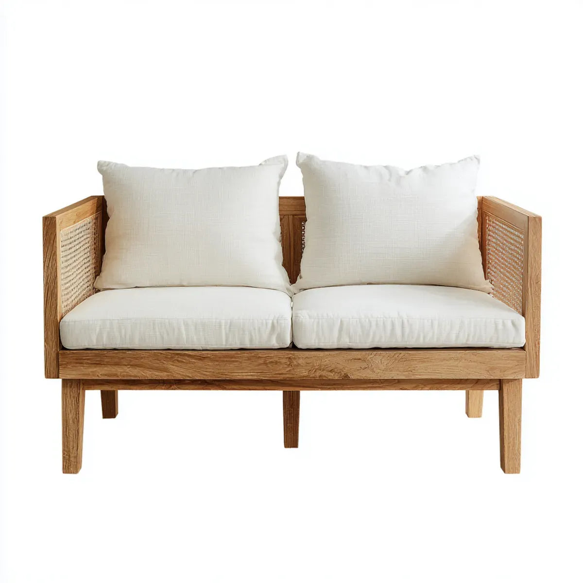 Canapé 2 places droit beige et naturel en chêne massif rotin et polyester 125 x 75 x 78 cm