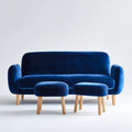 Canapé 3 places avec 2 tabourets bleu marine en velours de polyester et bois massif 180 x 82 x 80 cm