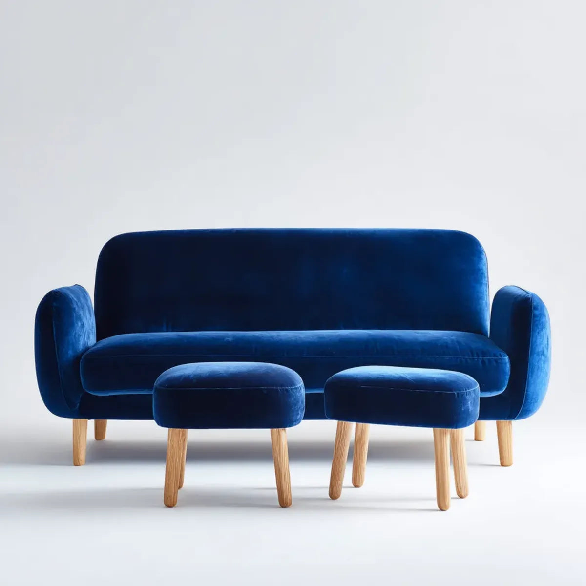 Canapé 3 places avec 2 tabourets bleu marine en velours de polyester et bois massif 180 x 82 x 80 cm