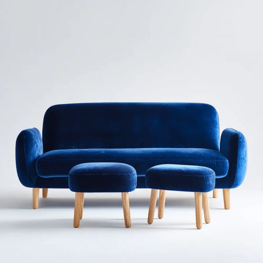 Canapé 3 places avec 2 tabourets bleu marine en velours de polyester et bois massif 180 x 82 x 80 cm