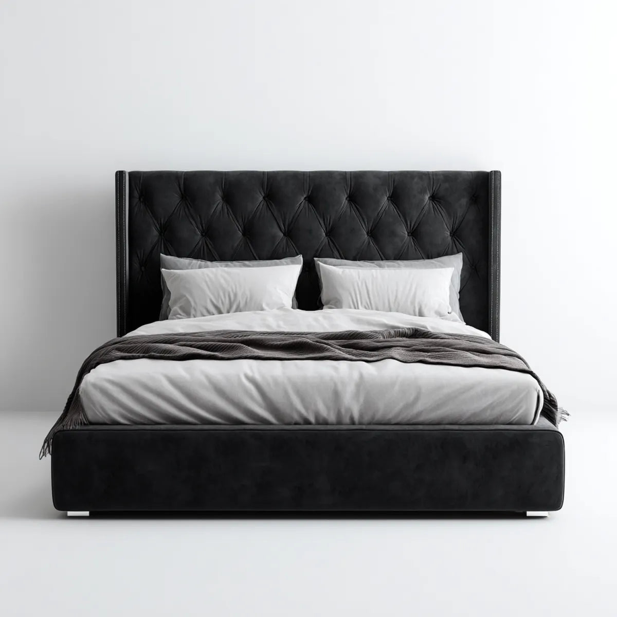 Lit double capitonné noir en velours de polyester rectangulaire 160 x 200 cm