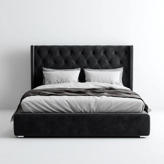 Lit double capitonné noir en velours de polyester rectangulaire 160 x 200 cm