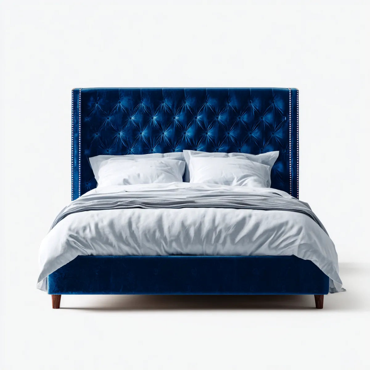 Lit coffre capitonné bleu nuit 160 x 200 cm en velours polyester rectangulaire