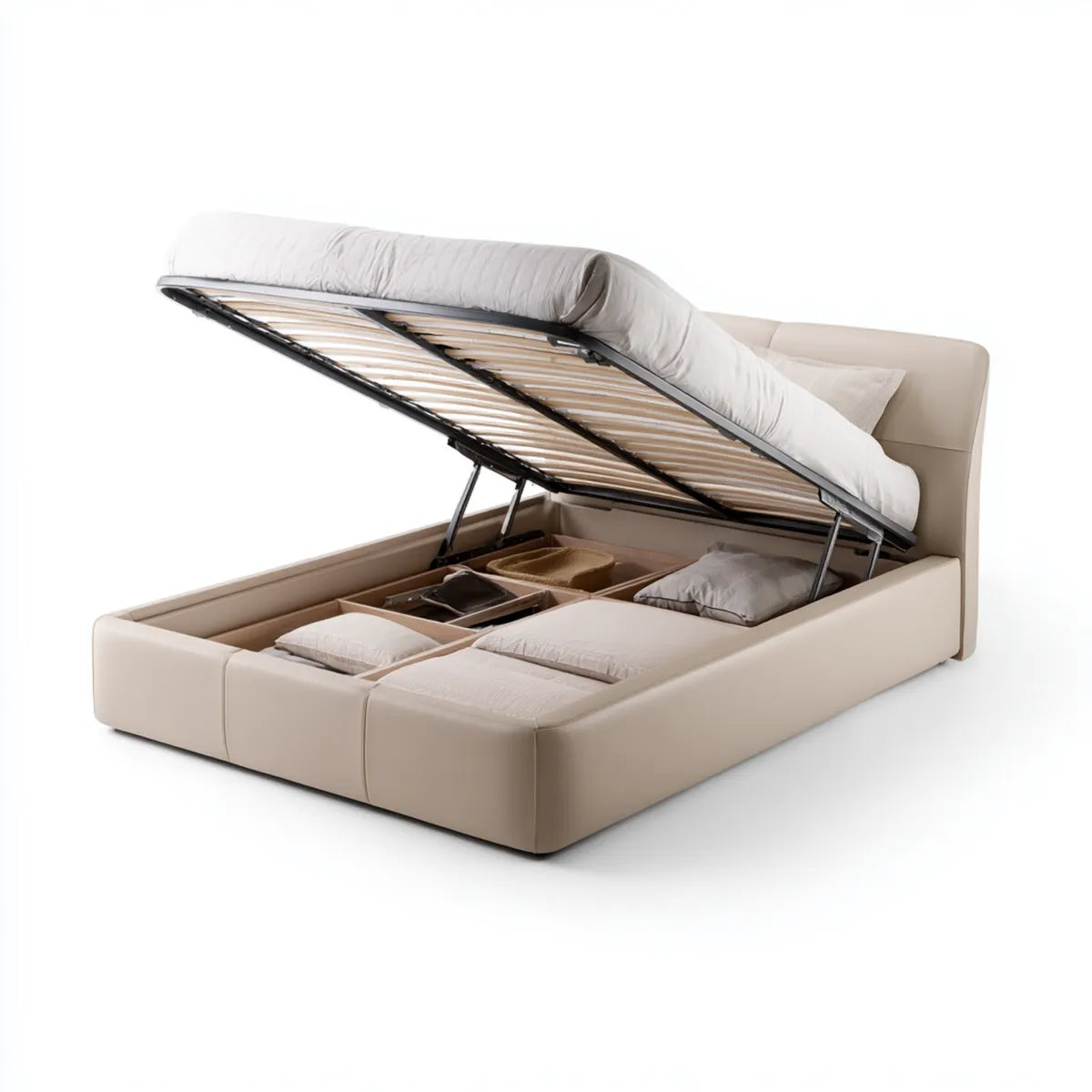 Lit coffre double beige 160 x 200 cm en similicuir PU rectangulaire avec sommier à lattes relevable