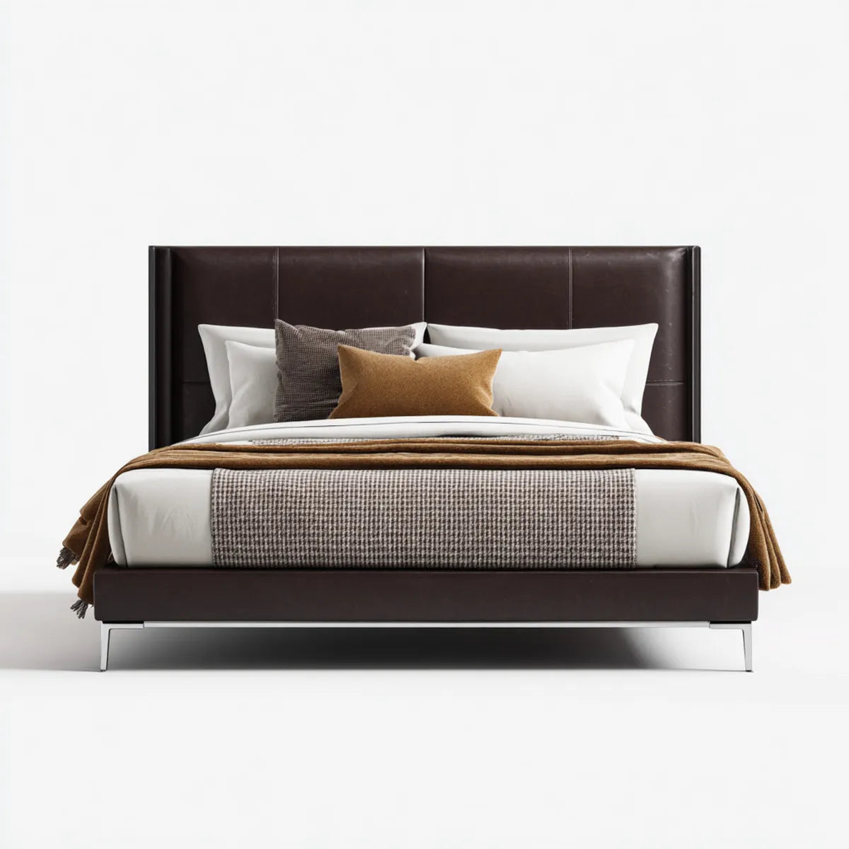 Lit double marron 160 x 200 cm en similicuir PU avec tête de lit rectangulaire capitonnée