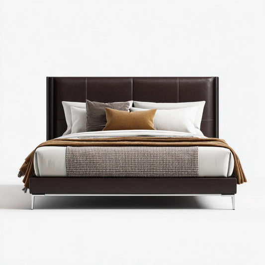 Lit double marron 160 x 200 cm en similicuir PU avec tête de lit rectangulaire capitonnée