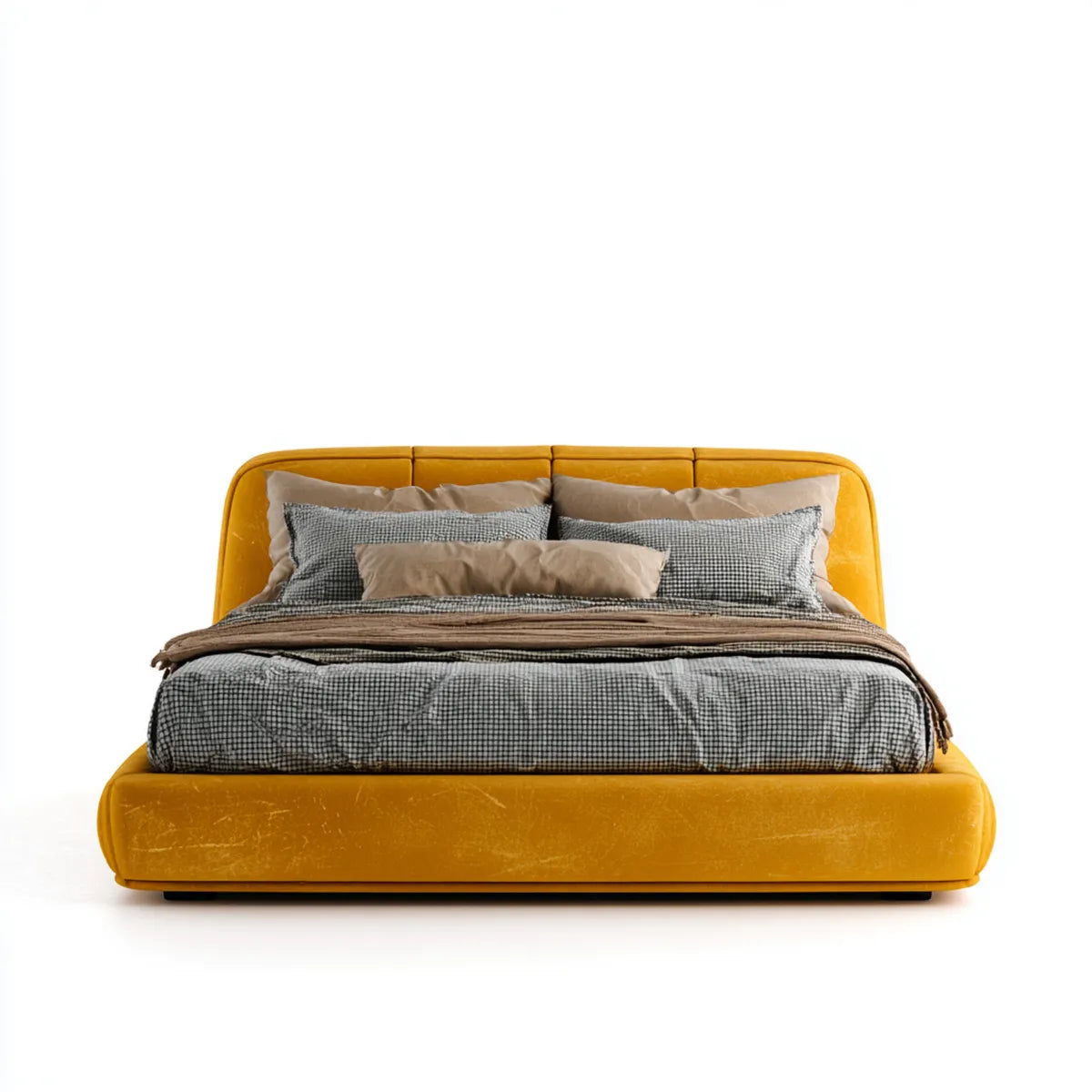 Lit double rembourré jaune moutarde en velours polyester rectangulaire 160 x 200 cm