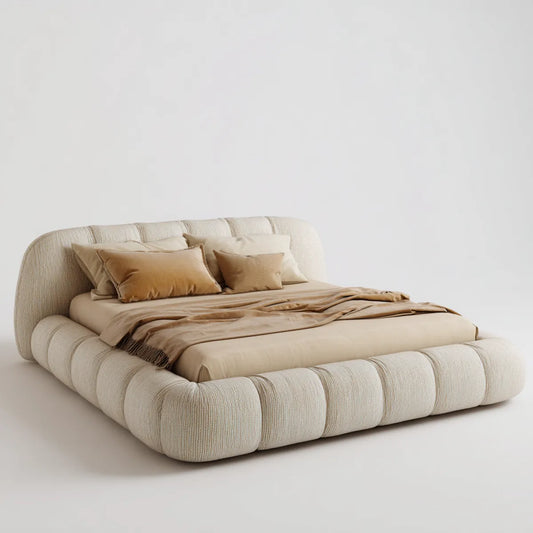 Lit double rembourré beige 160 x 200 cm en chenille polyester forme arrondie