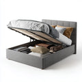 Lit coffre gris 160 x 200 cm en polyester avec sommier à lattes et ouverture relevable