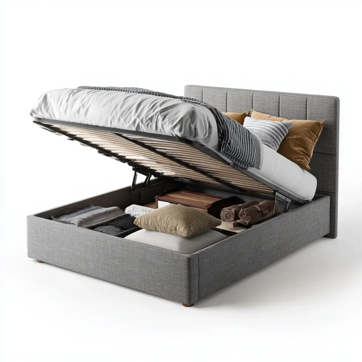 Lit coffre gris 160 x 200 cm en polyester avec sommier à lattes et ouverture relevable