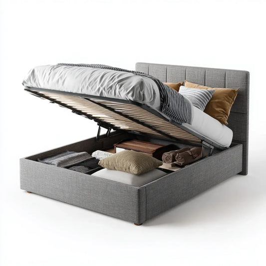 Lit coffre gris 160 x 200 cm en polyester avec sommier à lattes et ouverture relevable