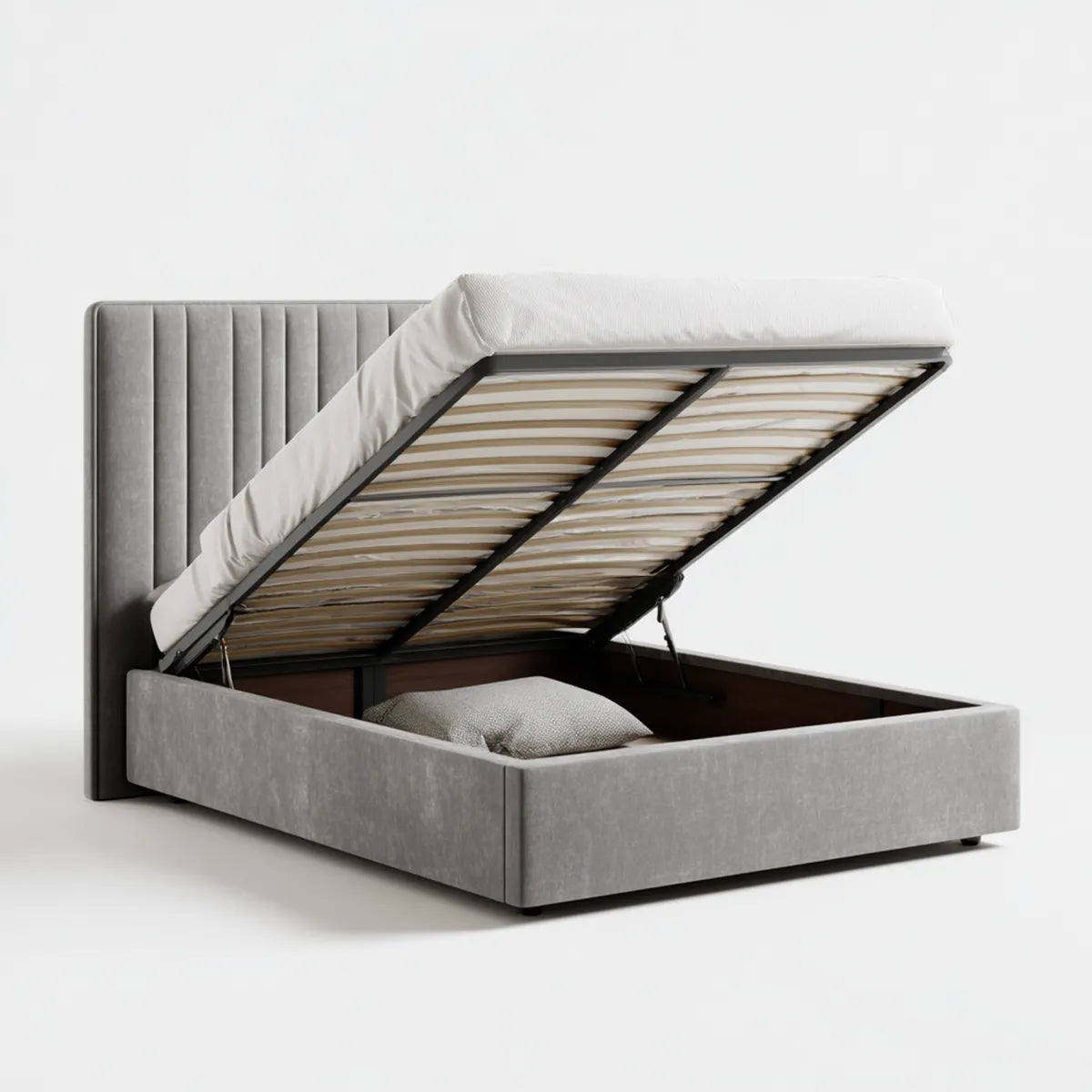 Lit coffre 160 x 200 cm gris en velours de polyester avec sommier à lattes relevable