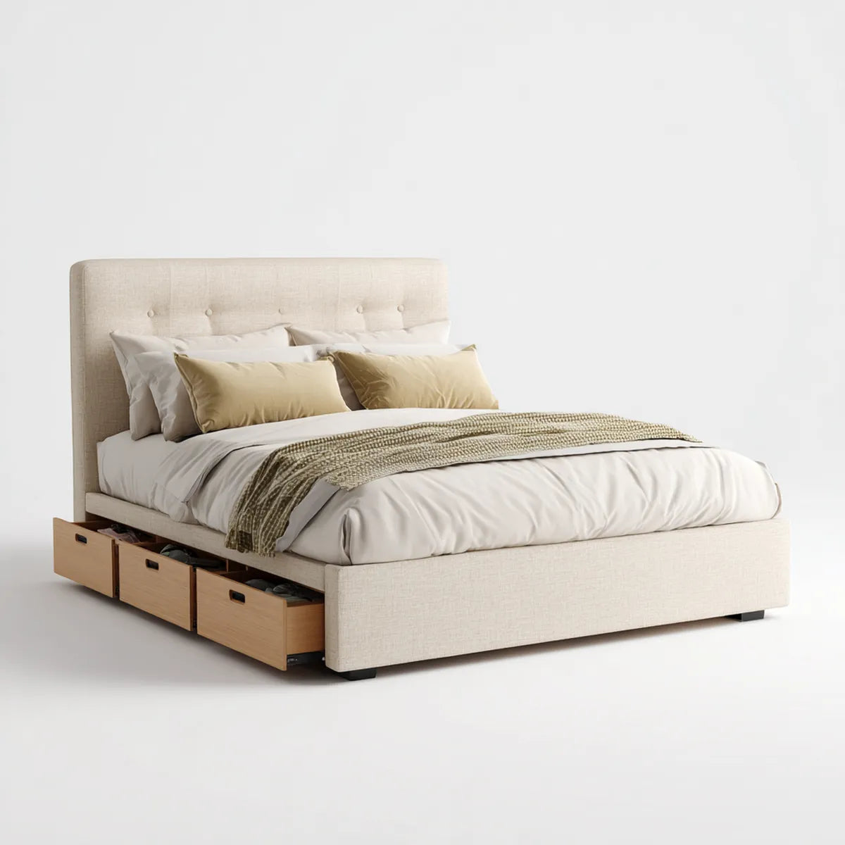 Lit coffre 160 x 200 cm beige avec 4 tiroirs sommier à lattes tête de lit capitonnée en polyester